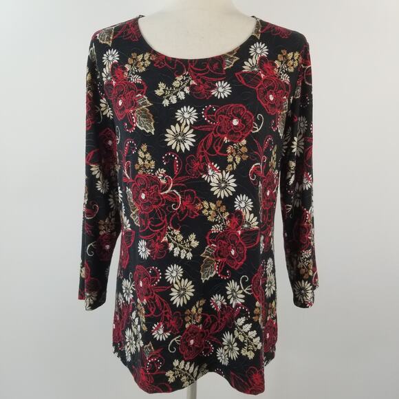 JM Collections Red Black Tan White Floral Scoop Neck Stretchy Top Size Medium - Picture 1 of 5